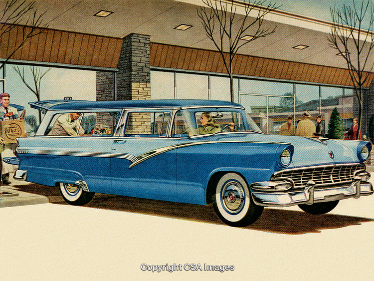 Retro Blue Station Wagon in Parking Lot with People and Groceries
