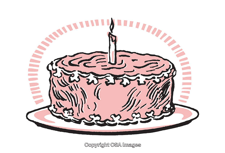 Pink Cartoon Birthday Cake Illustration with a Lit Candle
