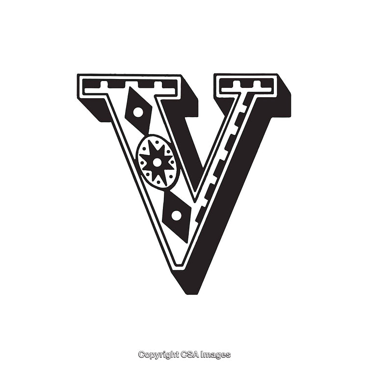 Vintage Ornamental Letter V with Decorative Patterns in Monochrome