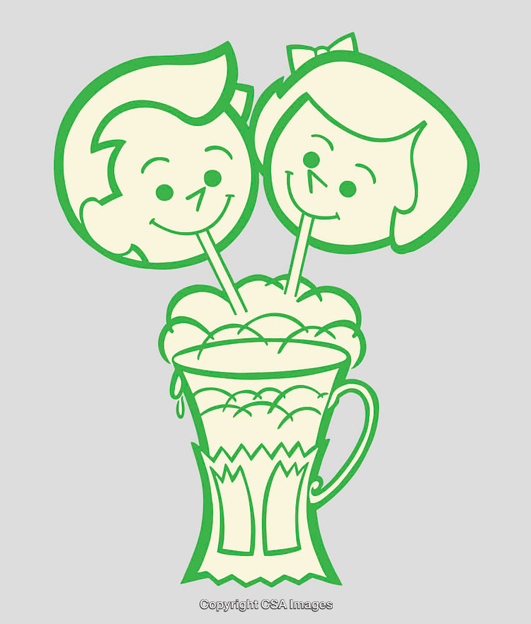 Vintage Line Art of Couple Enjoying Milkshake with Retro Green Style