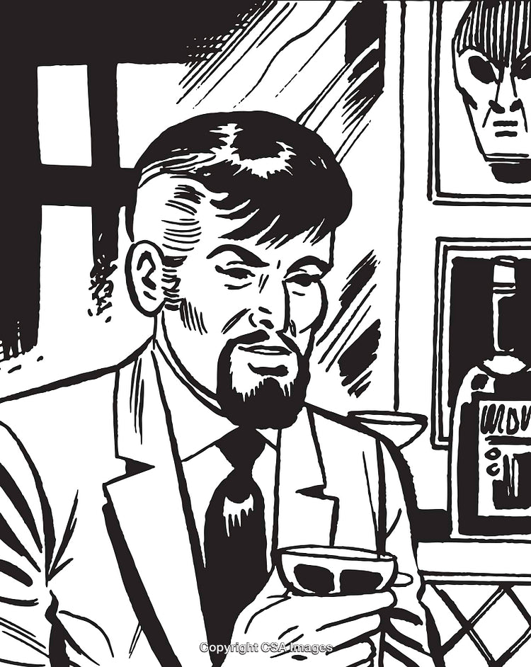 Illustration of a Sophisticated Man Holding a Drink in a Classic Setting