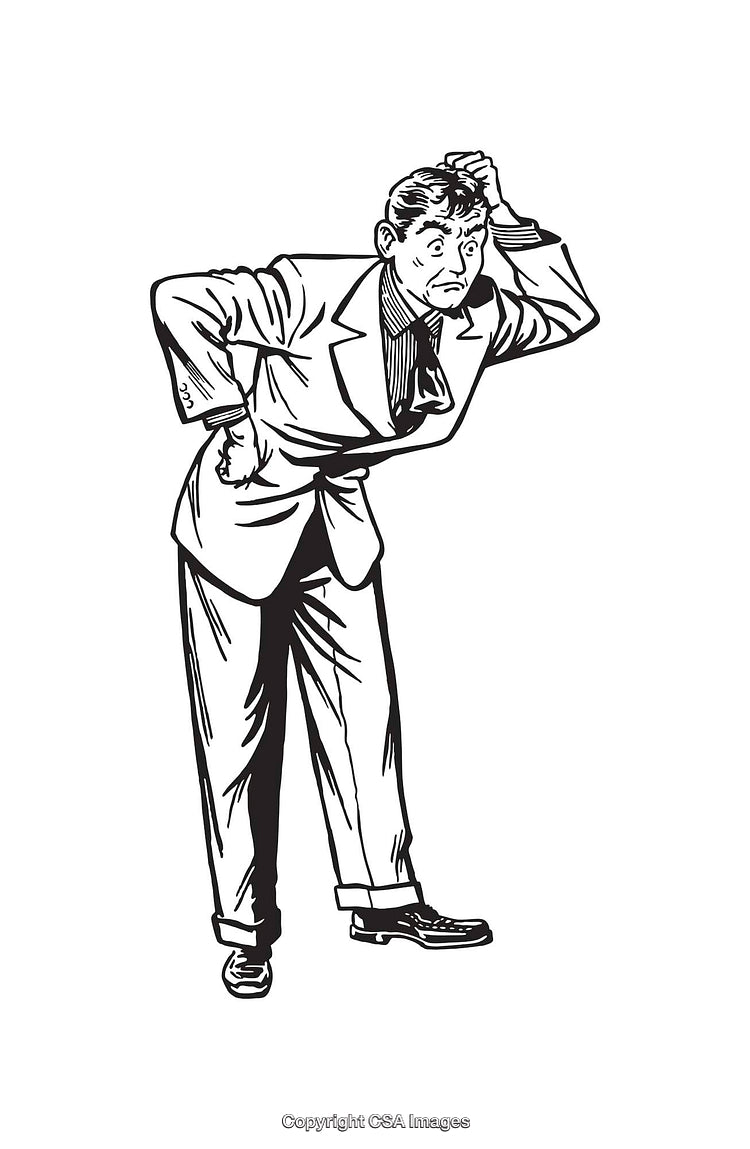 Black and White Illustration of a Thoughtful Hand-Standing Businessman