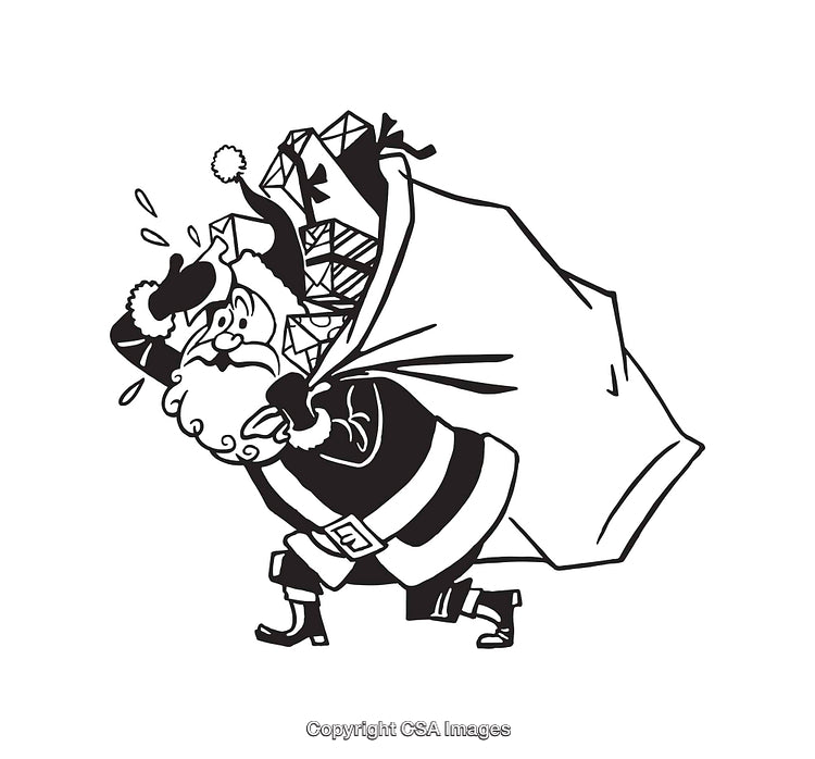 Santa Claus Carrying Overfilled Gift Sack in Black and White Line Art