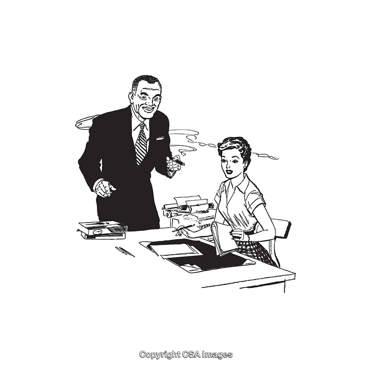 Vintage Office Scene Depicting Colleagues Collaborating in Black and White Illustration