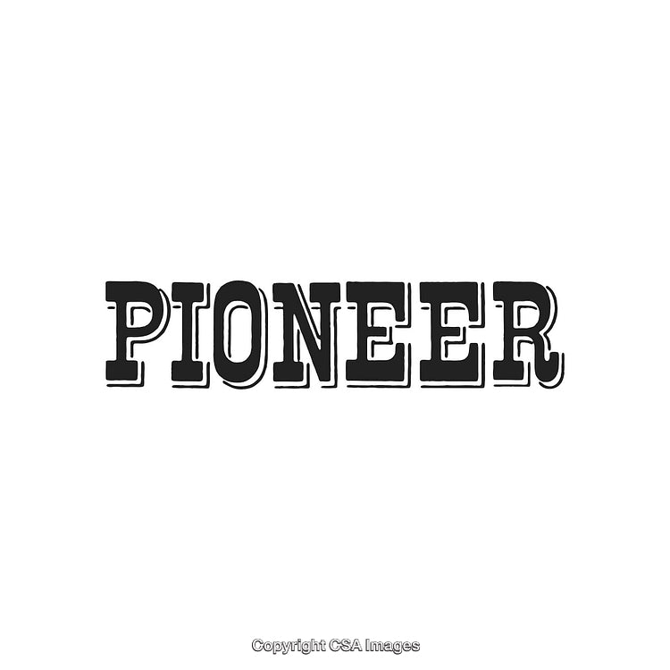Black and White Vintage Pioneer Text Design on White Background