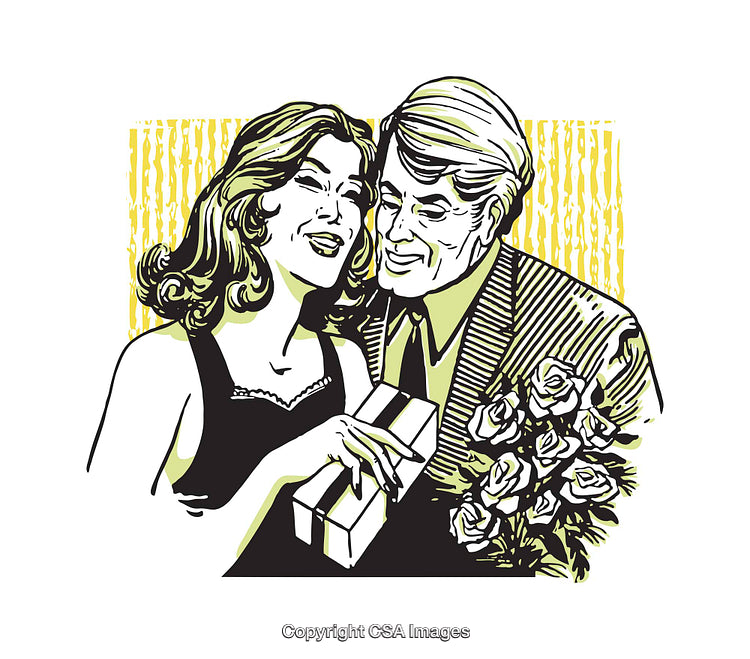 Retro Style Illustration of a Romantic Couple Sharing a Gift and Flowers