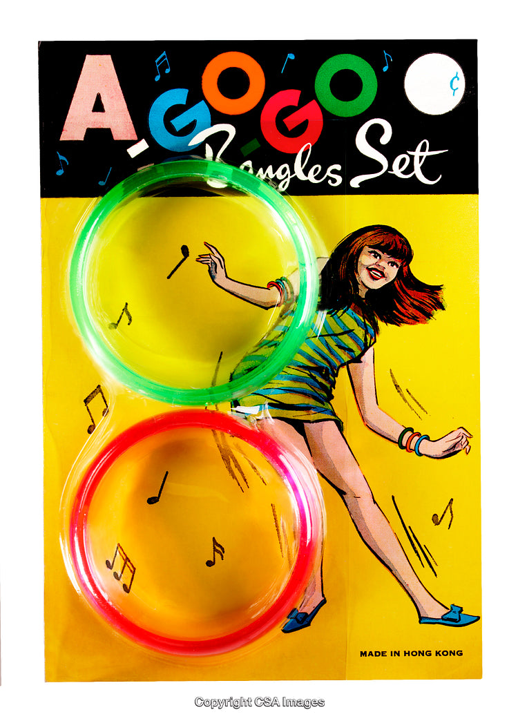Retro Packaging of Colorful A-Go-Go Bangles with Playful Illustration