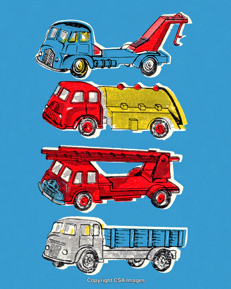 Vintage Style Illustration of Cartoon Trucks with a Retro Feel on Blue