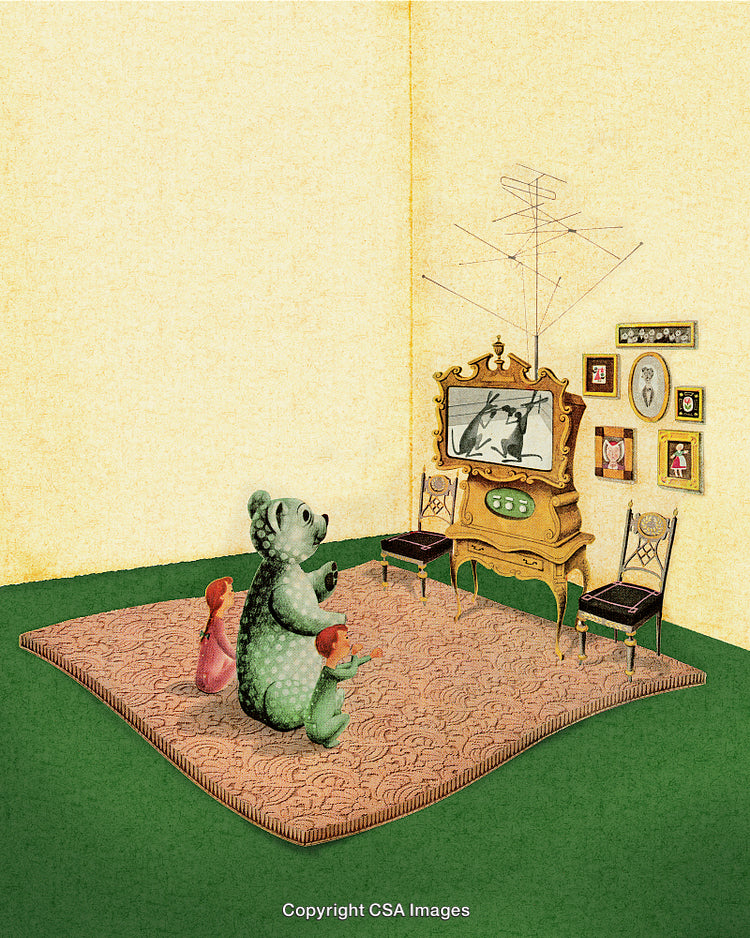 Surreal Scene of a Bear Watching Television With Children in Retro Setting
