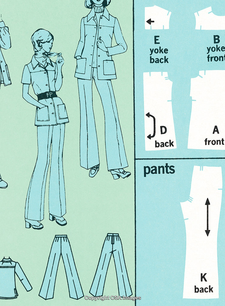 Vintage Sewing Pattern Illustration Featuring Outfits and Pattern Layouts