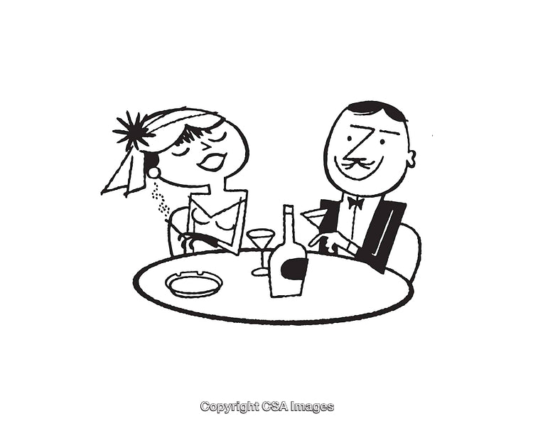 Playful Vintage Line Art Couple Enjoying Drinks and Dinner Together