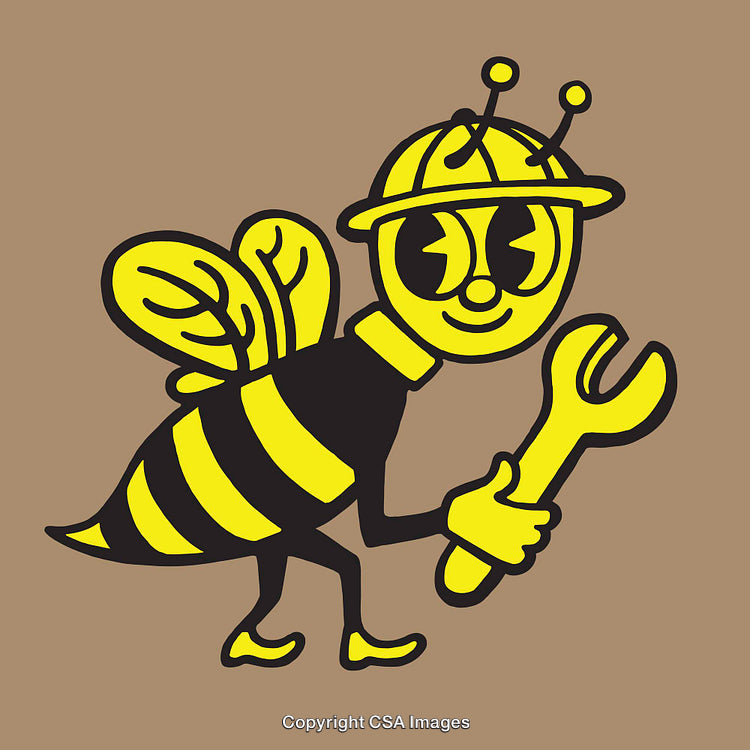 Colorful Line Art Illustration of a Cartoon Bee Holding a Wrench