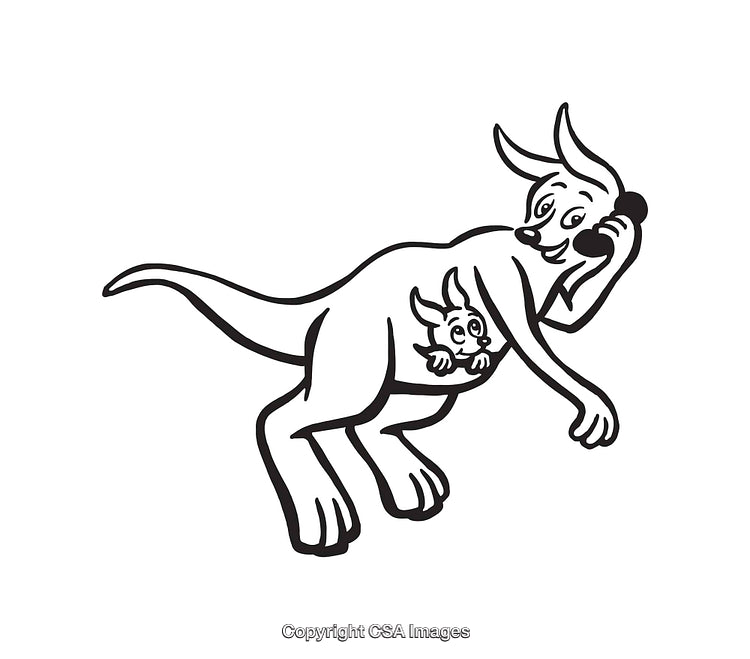 Black and White Line Art of Kangaroo and Joey with a Phone