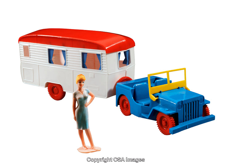 Colorful Toy Set Featuring a Jeep, Caravan, and Standing Figurine
