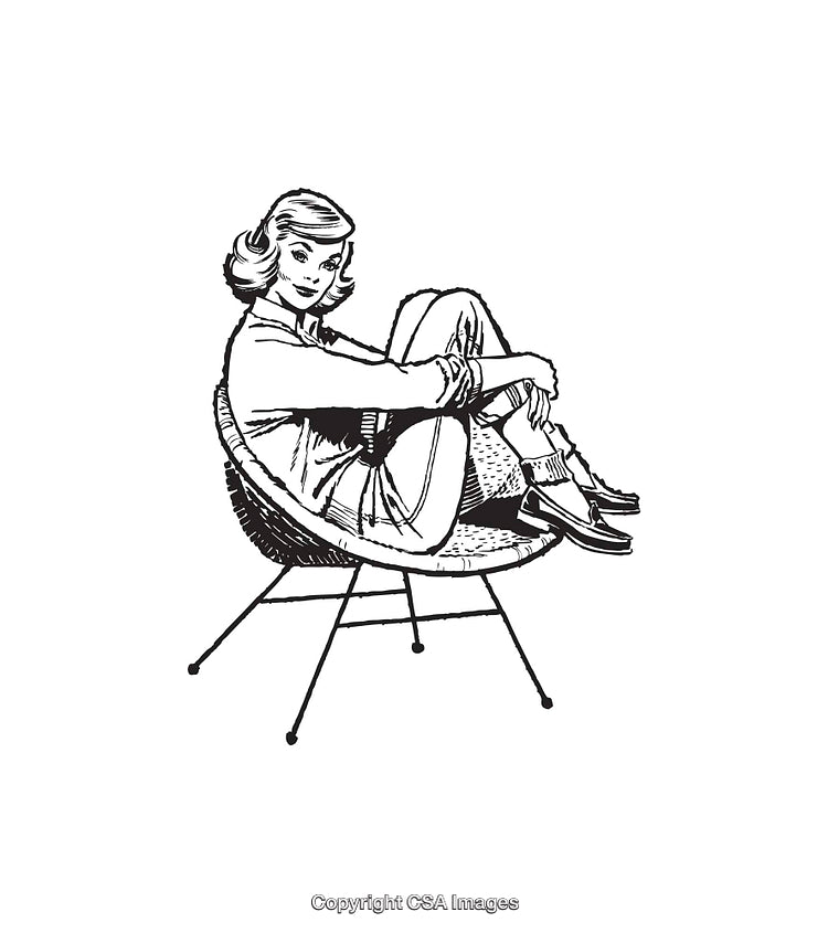 Retro Black and White Illustration of a Woman Sitting in a Chair