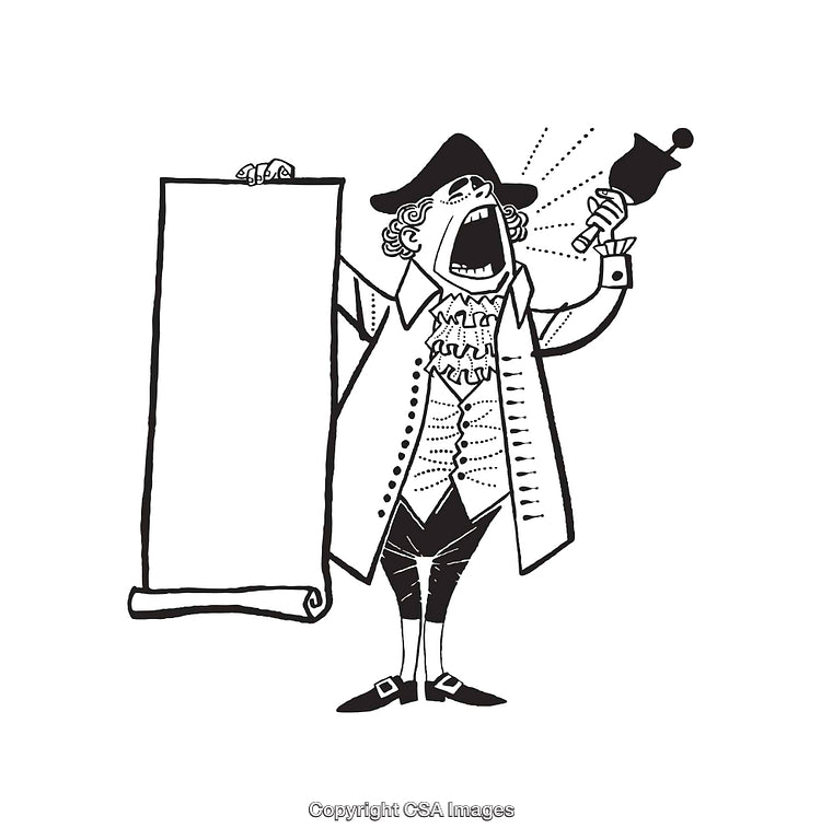 Black and White Illustration of a Historical Town Crier Holding a Scroll