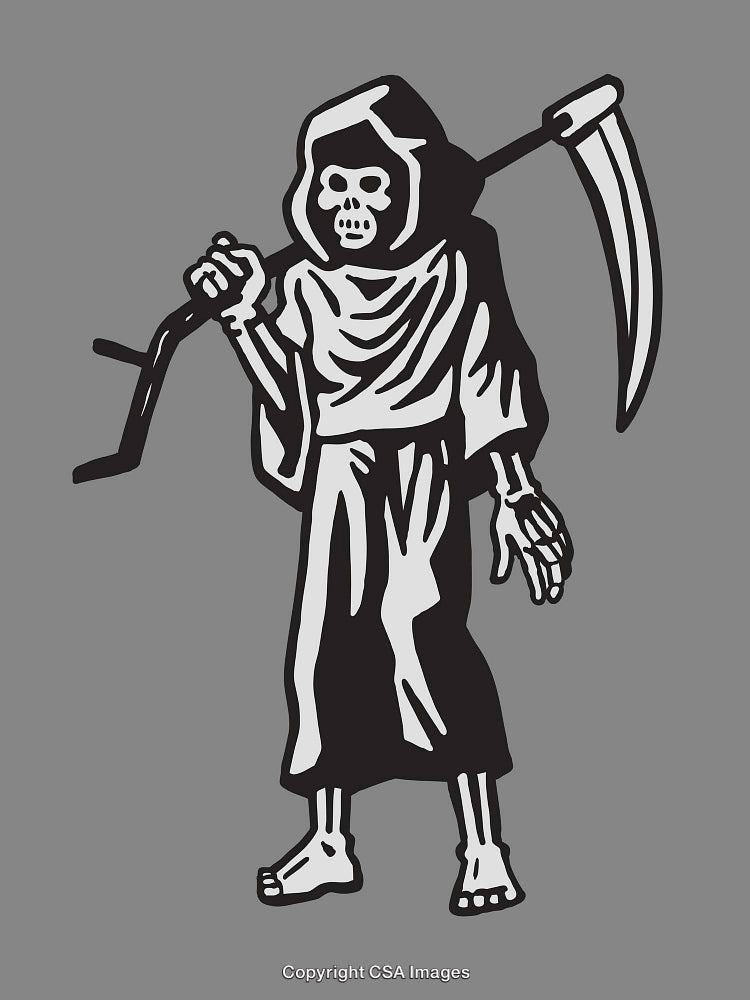 Grim Reaper Design Featuring Scythe and Skeleton Details on Gray Background