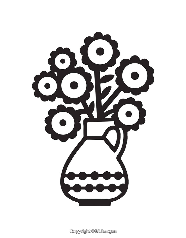 Black and White Line Art Illustration of Flowers in a Vase