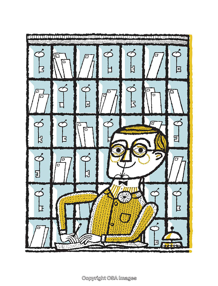 Retro Illustration of a Receptionist in Front of Key Cabinets