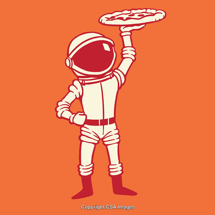 Astronaut Holding Pizza in Vibrant Color Artwork on Orange Background