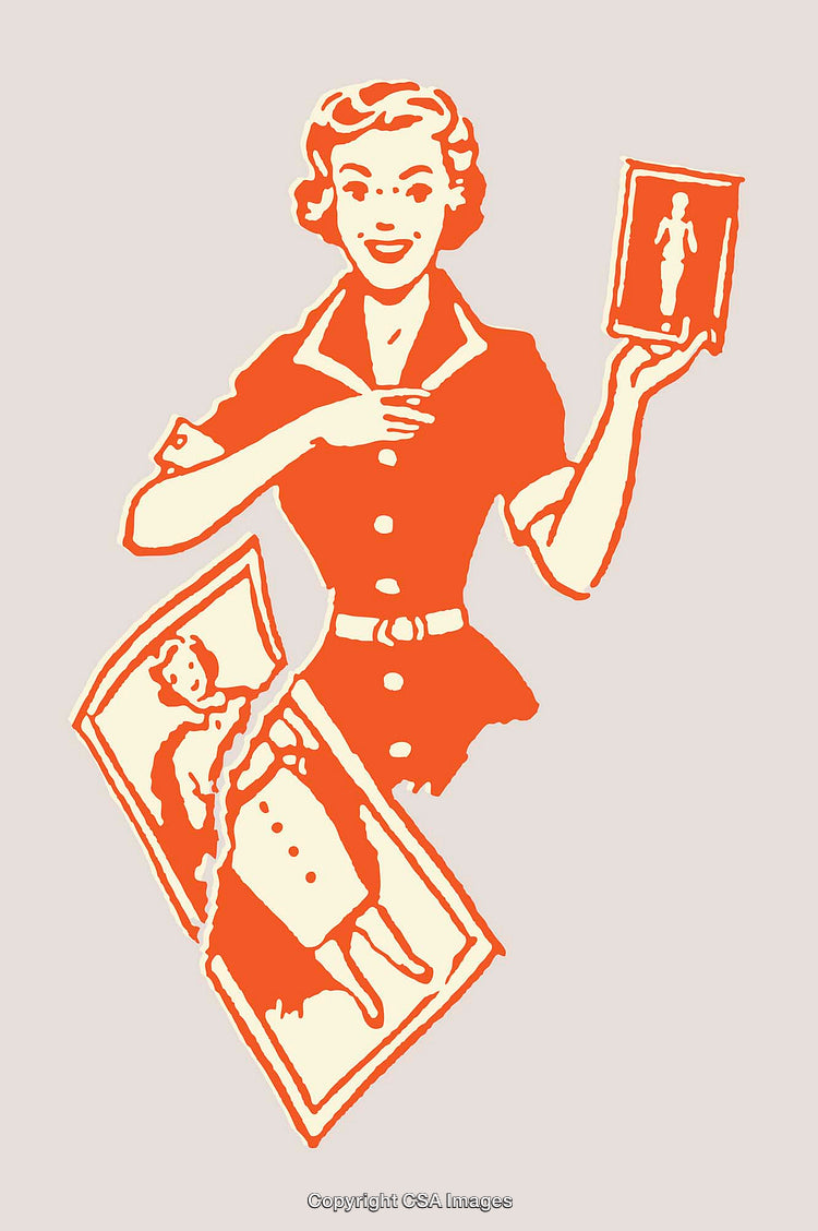Retro Woman with Ripped Photos and Stylized Icons in Line Art