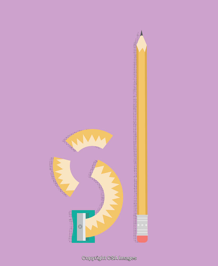 Illustration of Pencil, Sharpener, and Shavings on Purple Background