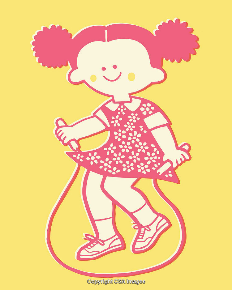 Colorful Line Art Illustration of a Girl Jumping Rope on Yellow Background