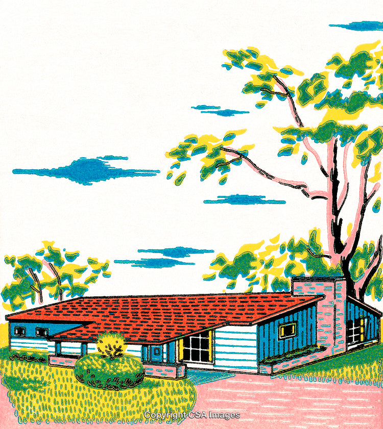 Colorful Hand-Drawn Illustration of a Mid-Century Modern House in a Scenic Area