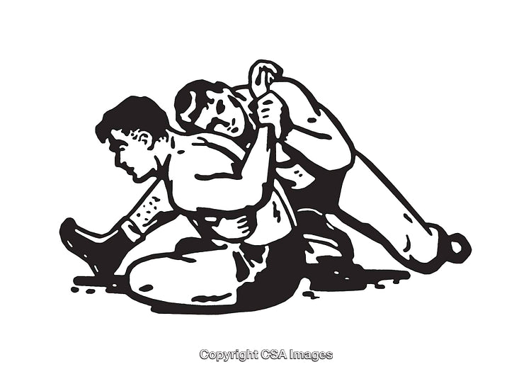 Black and White Illustration Depicting a Wrestling Moment in Action