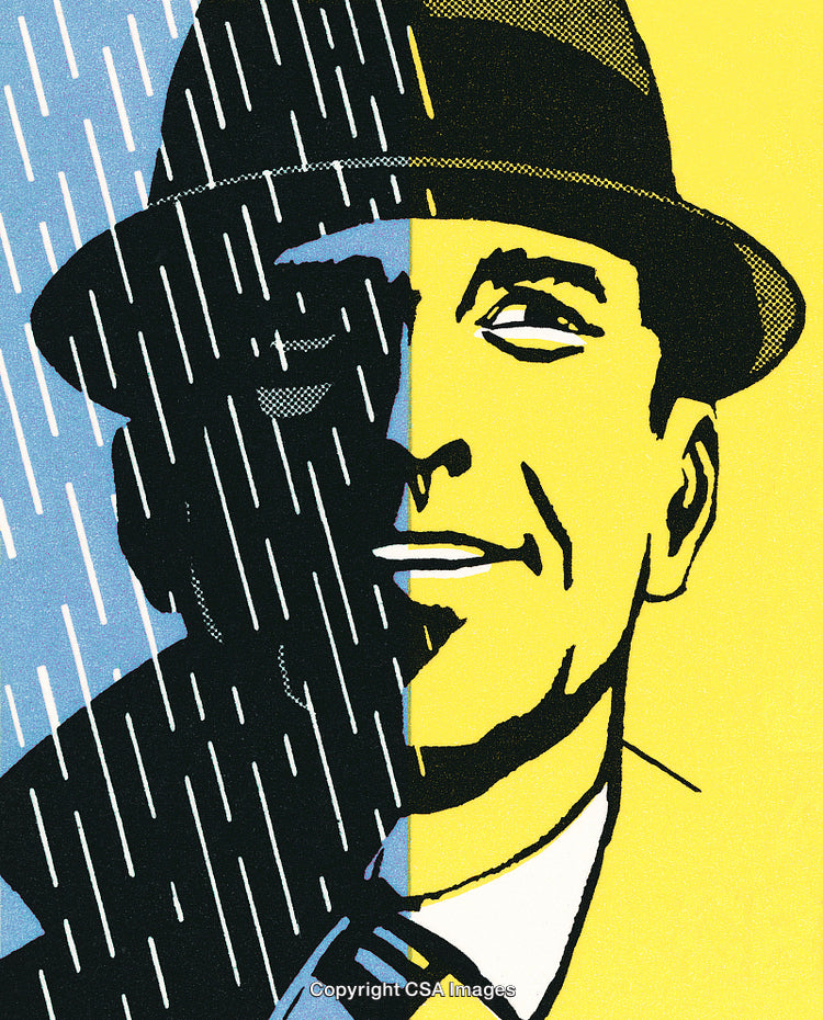 Stylized Illustration of a Man in Split Light and Dark Background