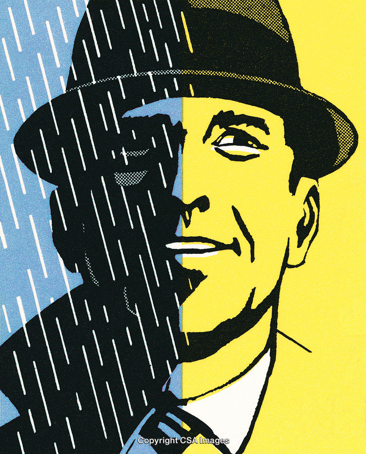 Stylized Illustration of a Man in Split Light and Dark Background