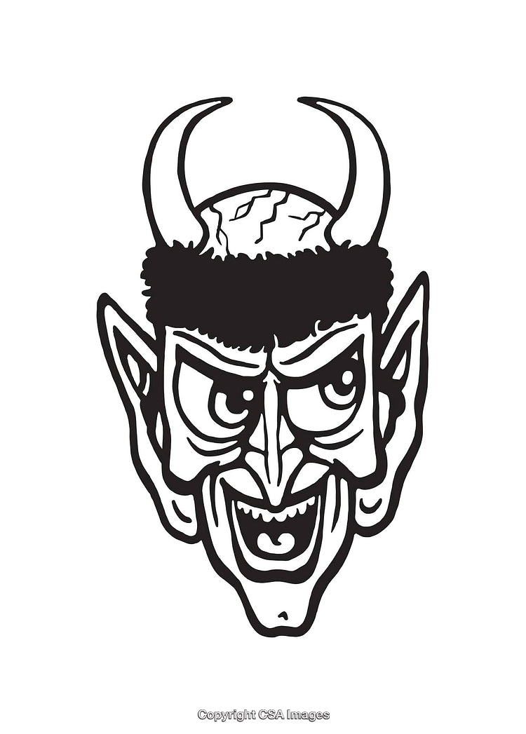 Black and White Devil Face Illustration With Horns and Wicked Expression