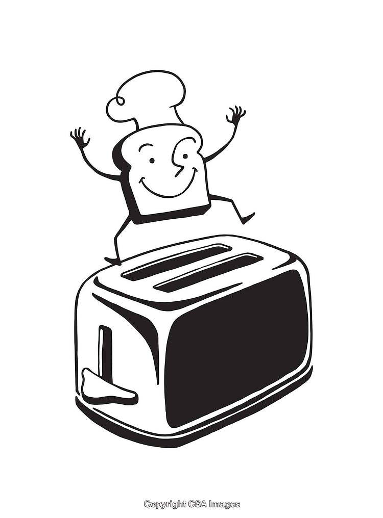 Happy Toast Character Sitting on Toaster Sketch Illustration