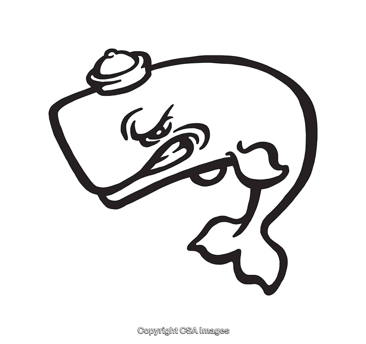 Black and White Cartoon Illustration of an Angry Whale Character