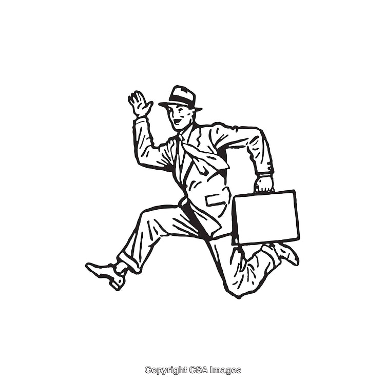 Vintage Line Art of a Running Businessman Holding a Briefcase