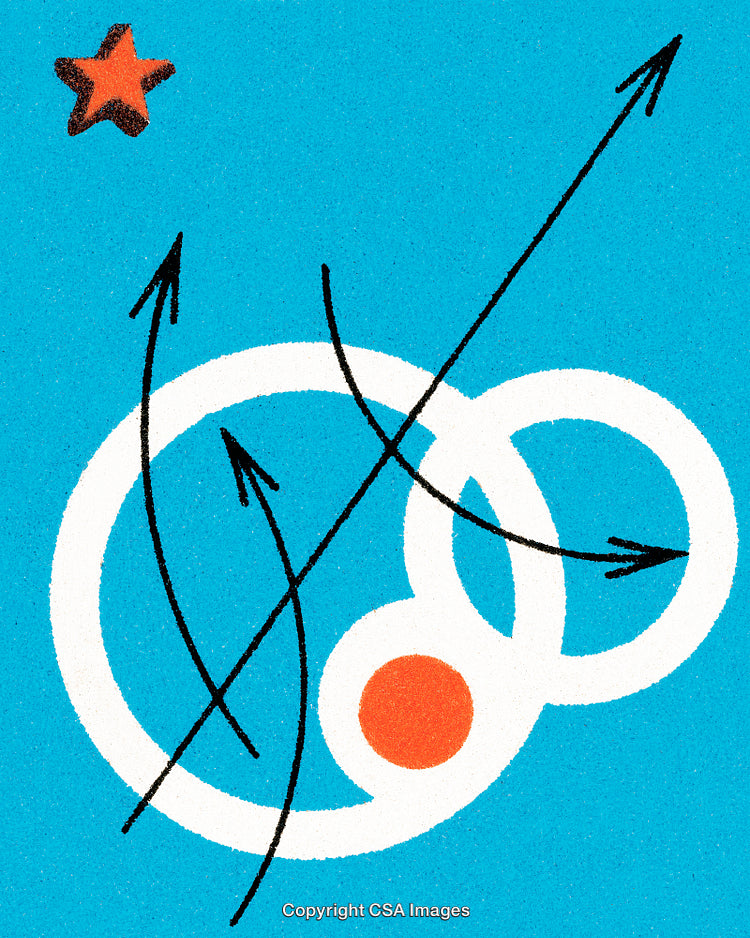 Abstract Design Featuring Arrows, Circles, and Bold Blue Background