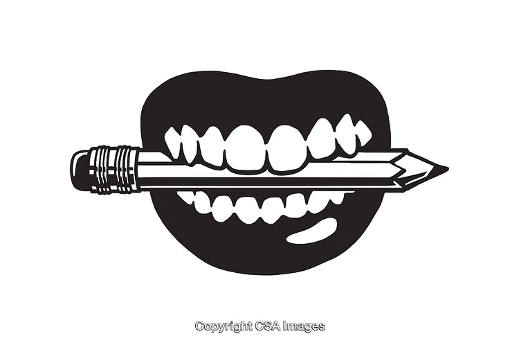 Black and White Line Art of Lips Holding a Pencil Illustration