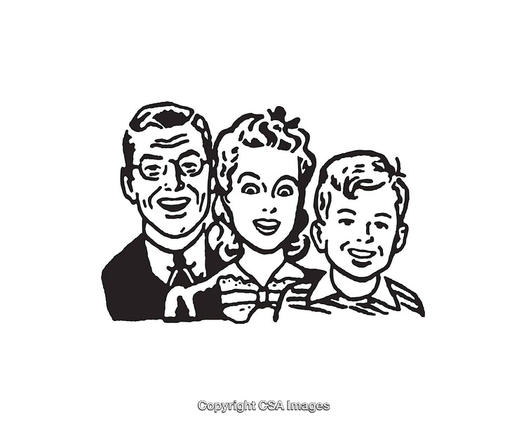 Black and White Line Art Illustration of a Smiling Happy Family