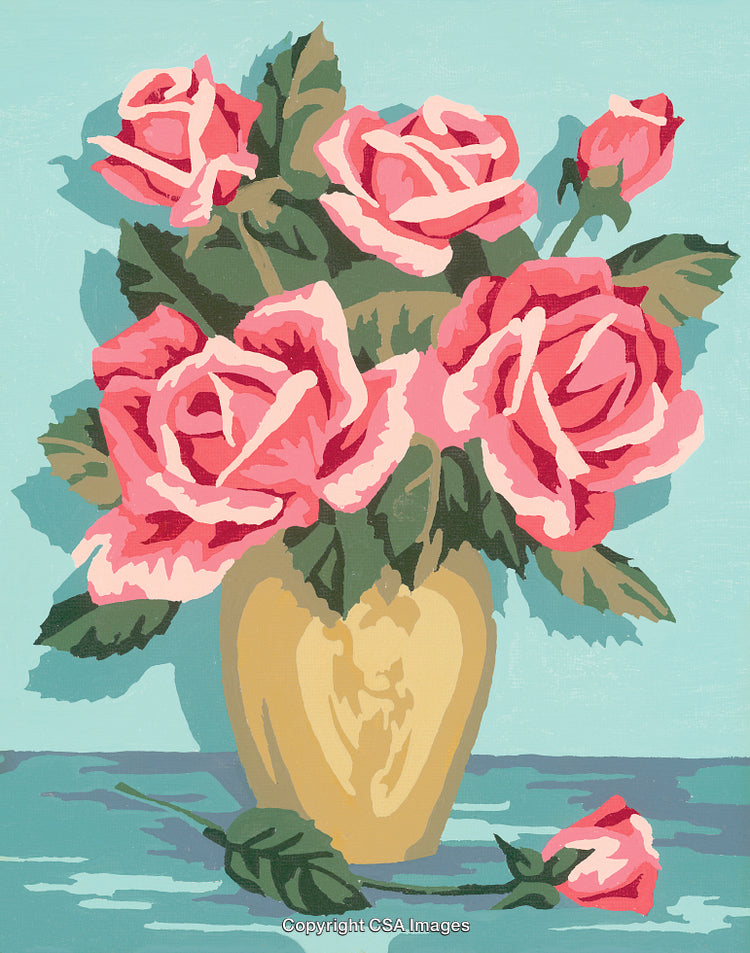 Vivid Pink Roses in a Vase in Paint by Numbers Style Art