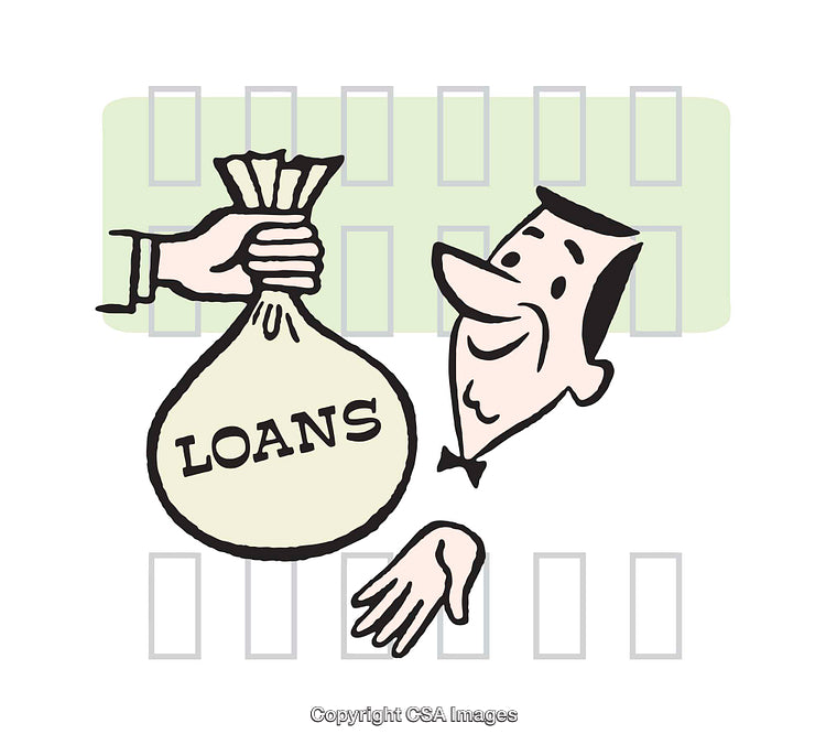 Vintage Illustration of Businessman Receiving Bag Labeled Loans