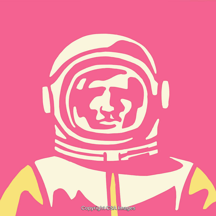 Colorful Line Art Illustration of an Astronaut Helmet on a Bold Pink Background