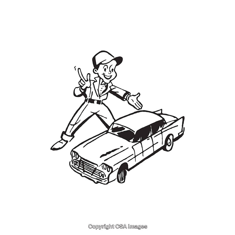 Retro Line Art Illustration of Salesman and Vintage Car