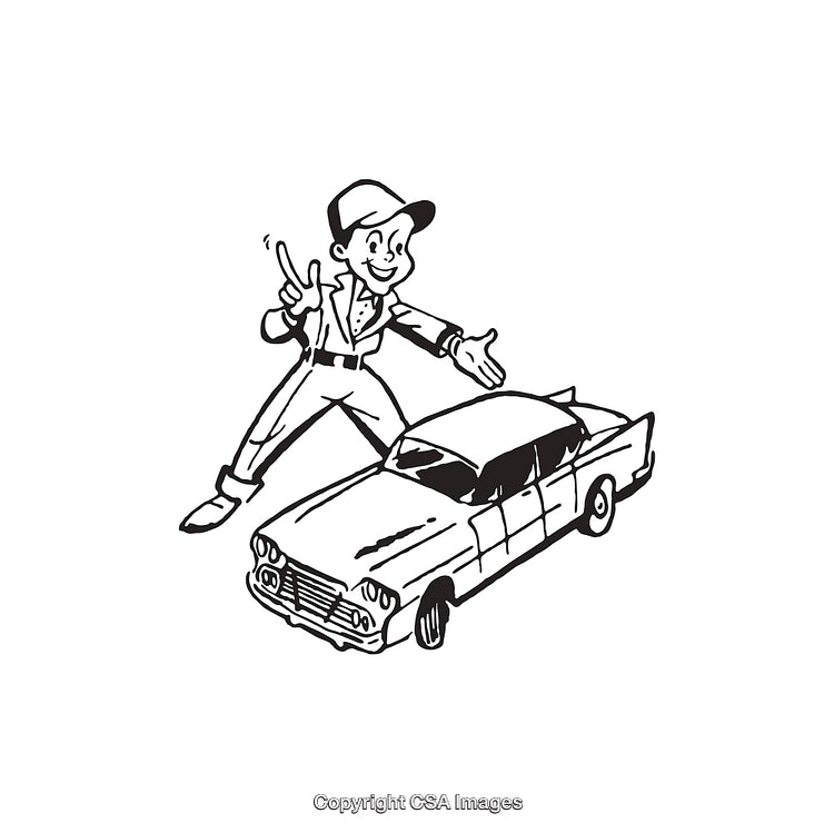Retro Line Art Illustration of Salesman and Vintage Car