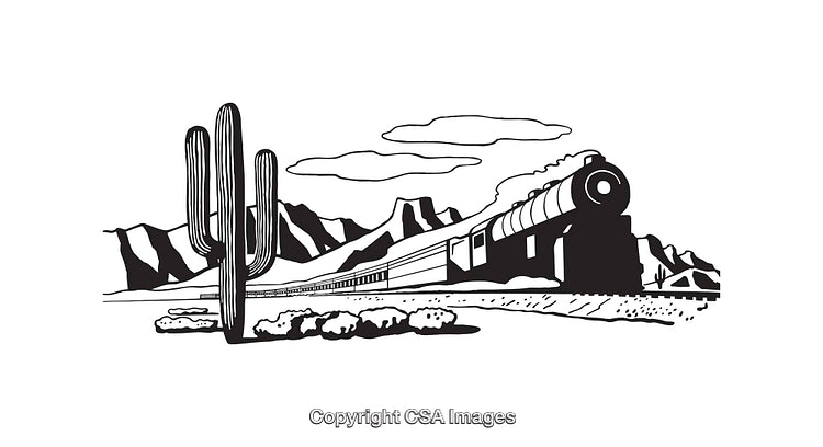 Black and White Train Illustration Through a Desert Landscape