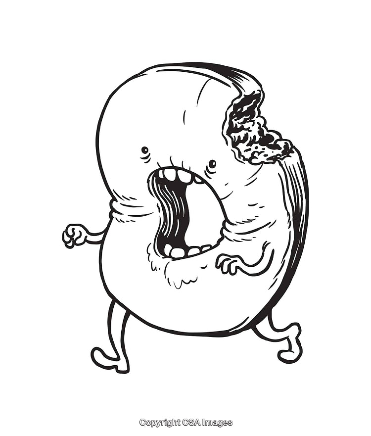 Funny Cartoon Bagel with Bite as Black and White Line Art