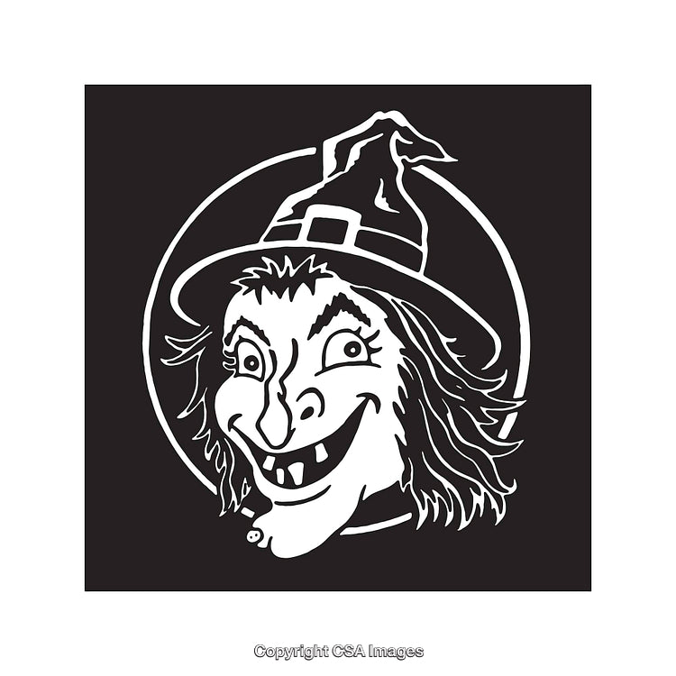 Black and White Line Art of a Wicked Smiling Witch Face