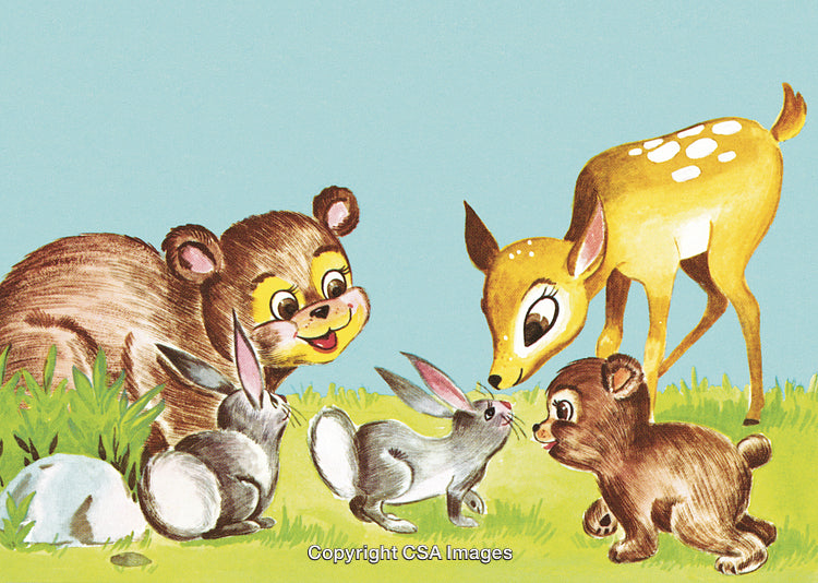 Illustration of Forest Animals Interacting in a Peaceful Meadow Setting