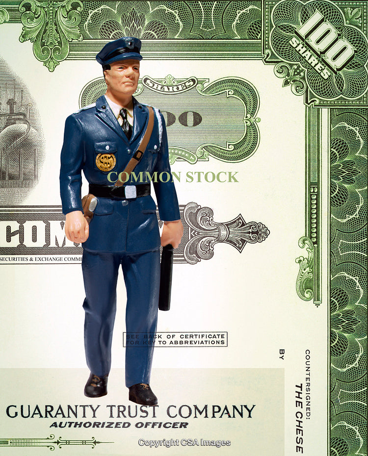 Security Officer Figure Posed in Front of a Stock Certificate Artwork