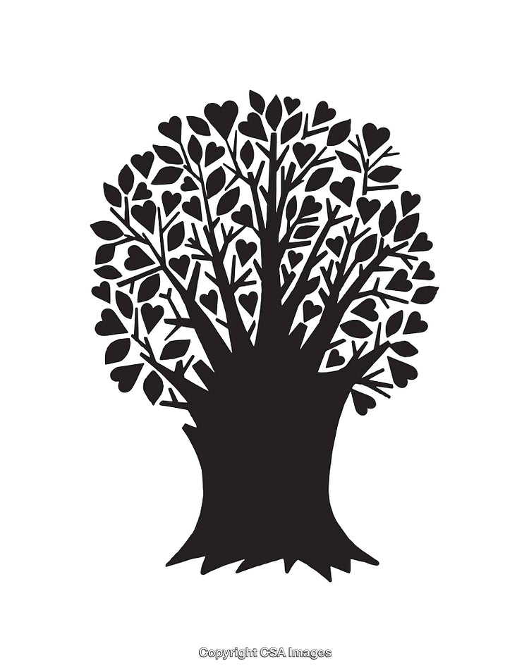 Tree Silhouette with Heart-Shaped Leaves Perfect for Illustrations
