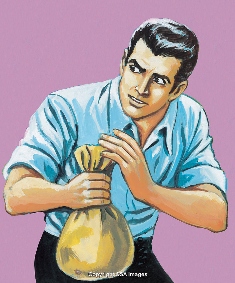 Retro Illustration of a Suspicious Man Holding a Money Bag on Pink Background